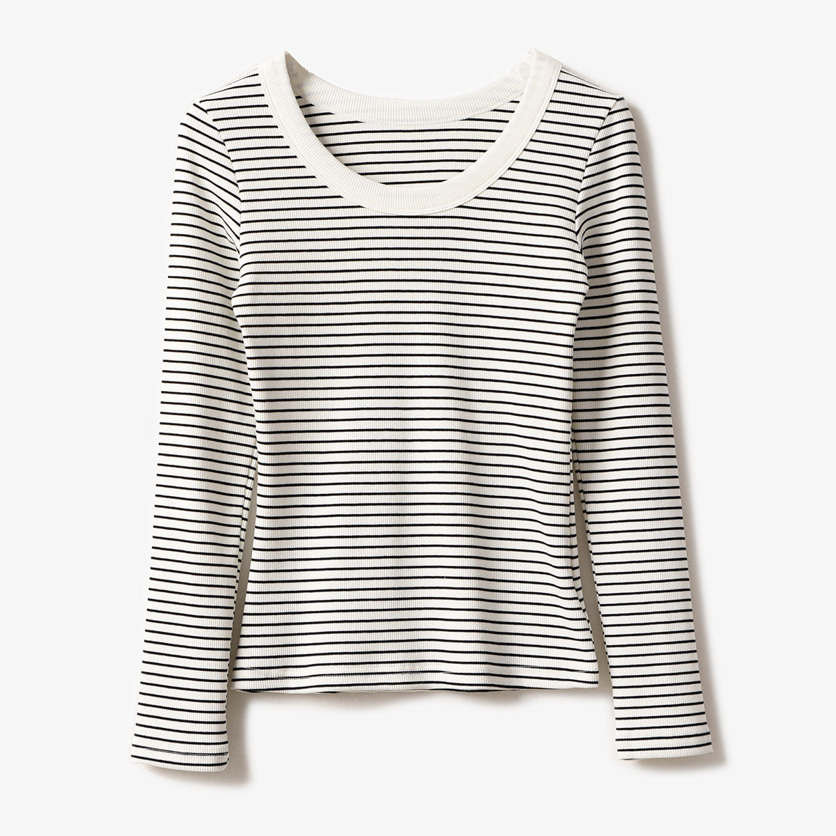 Selection of pure cotton striped T-shirt women's long-sleeved 2026 autumn and winter new round neck front shoulder top slim-fitting and thin bottoming shirt