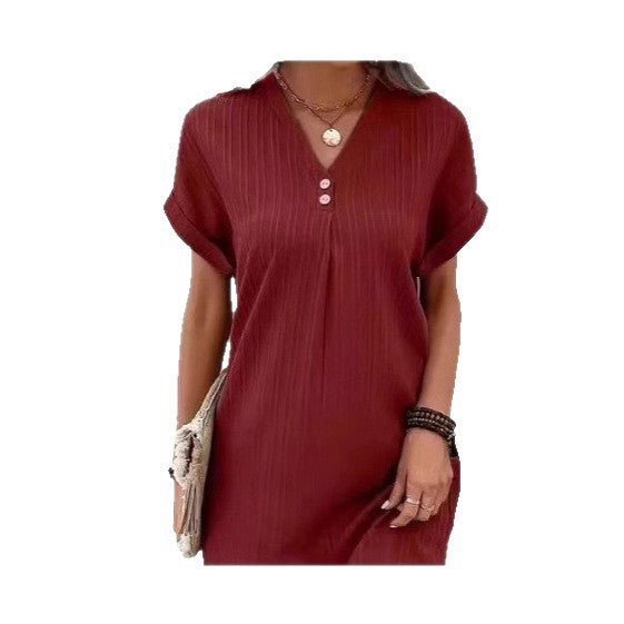 Cross-border European and American women's clothing 2025 new Amazon V-neck solid color pullover comfortable and casual button dress
