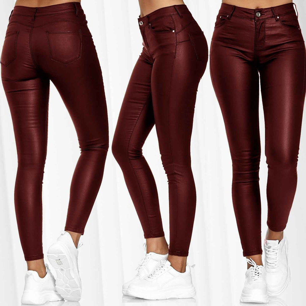 Cross-border Amazon 2025 Women's New Fashion High Waist Solid Color Leather Casual Pants Pants Leather Pants Long Pants Women