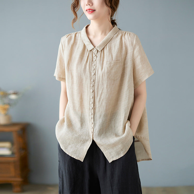 Real shot 2025 summer new literary loose solid color lapel short-sleeved shirt blouse top #8626 #