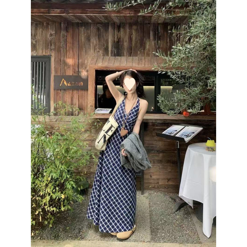 French temperament contrasting color plaid neck suspender skirt women's summer retro high-end dress, thin A-shaped long dress