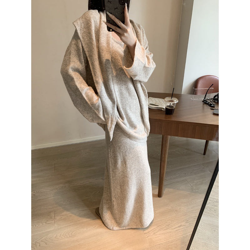 Knitted skirt women's 2025 autumn and winter high waist and thin casual versatile and thin drape long a-shaped skirt