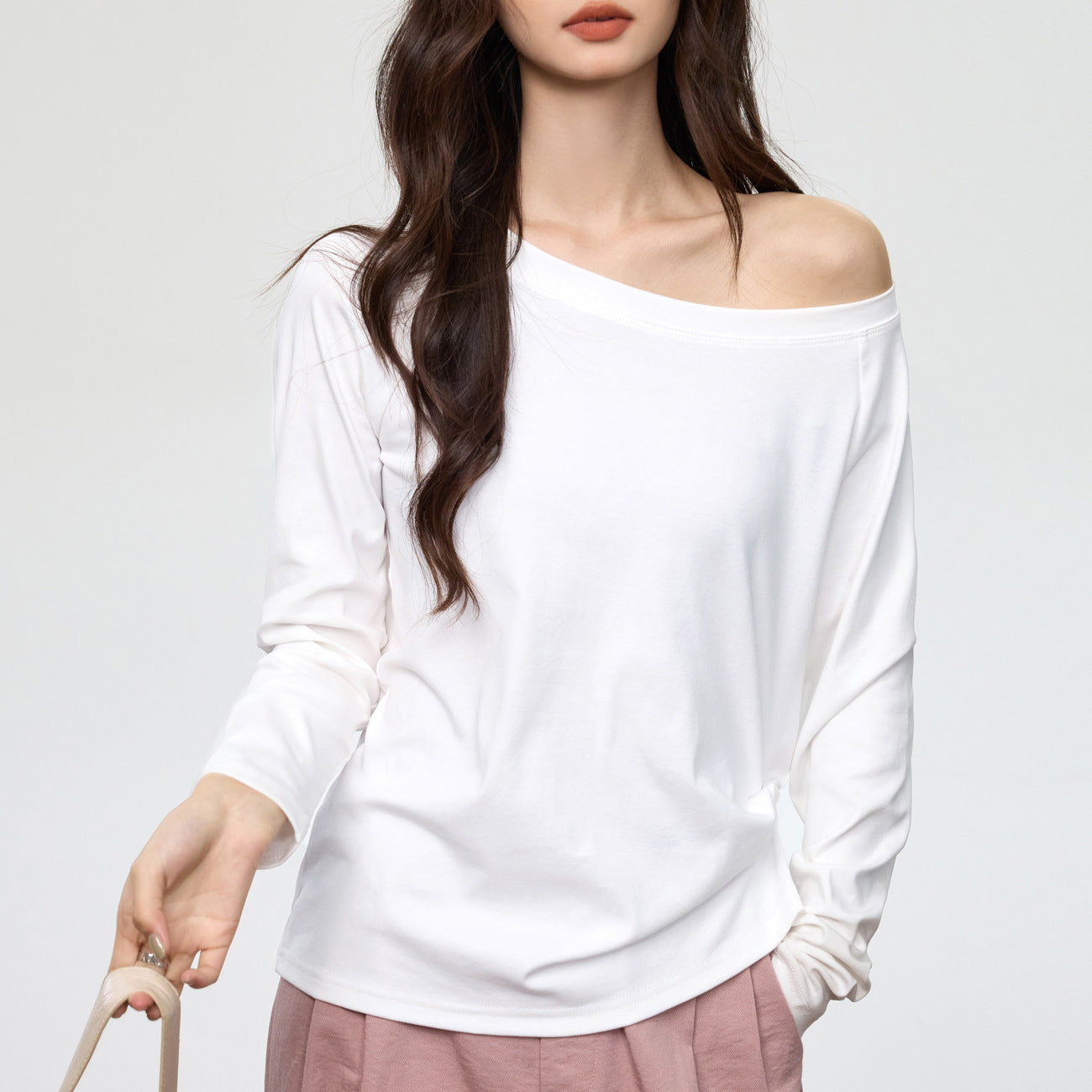 #40 combed cotton #slanted shoulder long-sleeved t-shirt women's early autumn round neck loose and thin one-word neck off-the-shoulder top