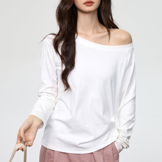 #40 combed cotton #slanted shoulder long-sleeved t-shirt women's early autumn round neck loose and thin one-word neck off-the-shoulder top