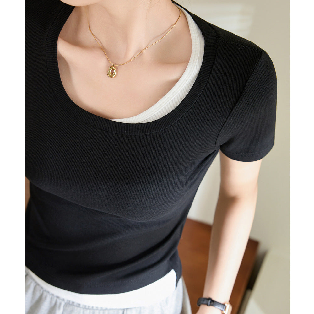 [Selection of good materials] Splicing contrasting color fake two-piece T-shirt women's short-sleeved 2026 summer new slim-fitting and thin bottoming shirt