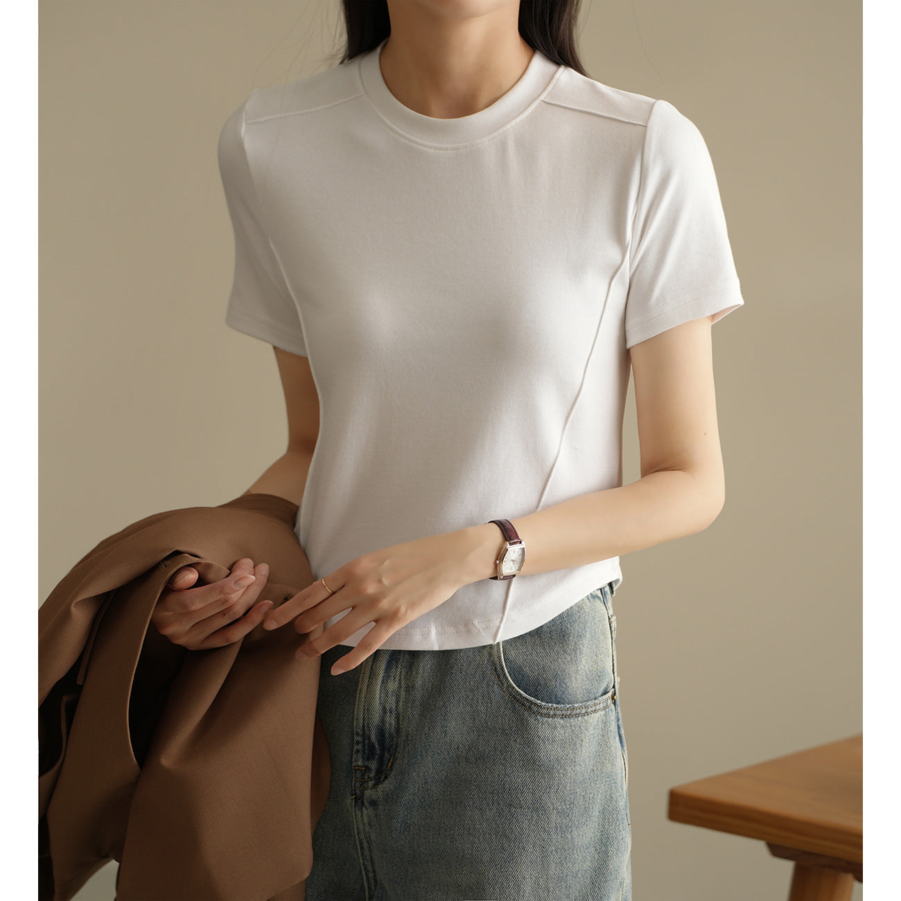 [Use good materials] Three-dimensional line design sense high elastic threaded cotton T-shirt women's summer new round neck short-sleeved top