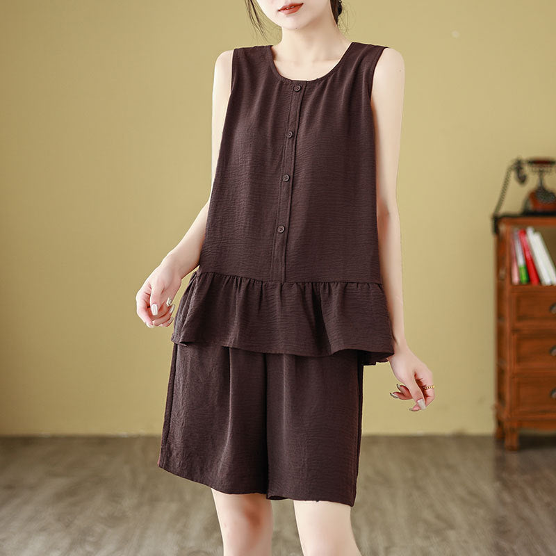 2025 summer new hem ruffle edge sleeveless loose top vest + shorts casual suit women's clothing