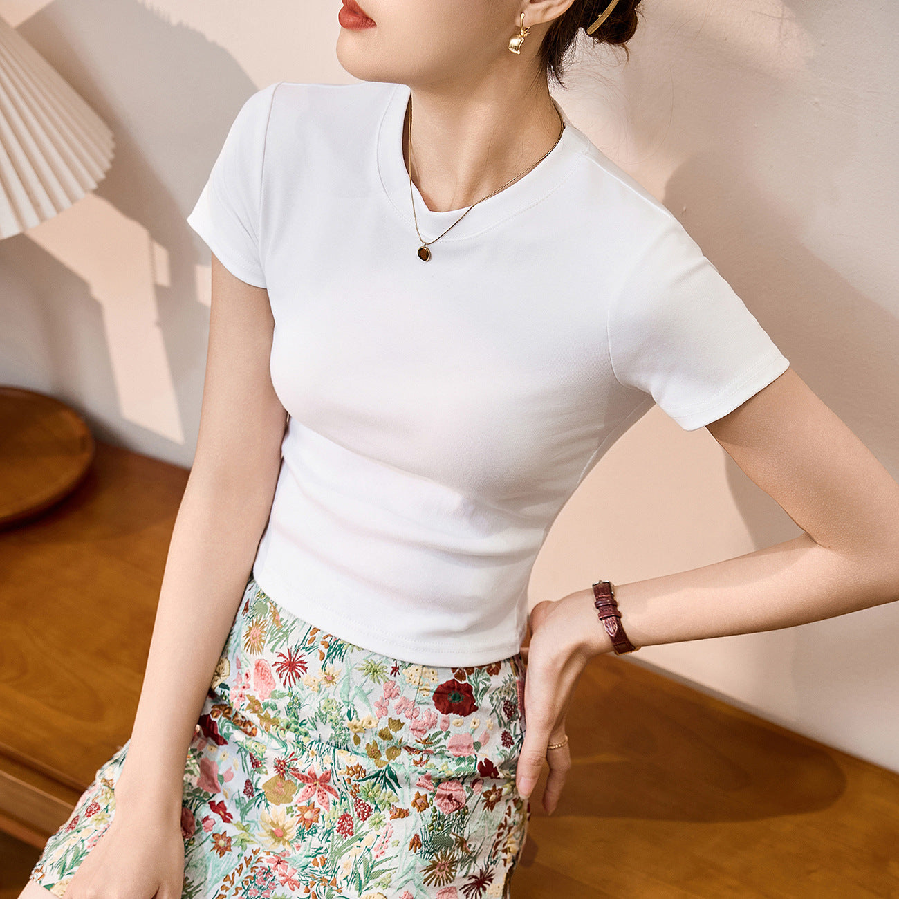 #Combed pure cotton #High waist short T-shirt women's summer 2026 new slim and thin small versatile short-sleeved top