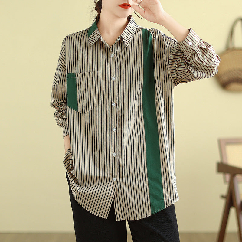 Real shot 2025 autumn new literary loose splicing contrasting color striped long-sleeved shirt women's casual shirt top