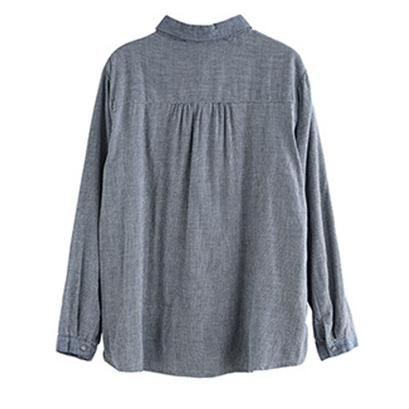 2024 Spring New Literary Loose Cotton and Linen Plaid Embroidery Lapel Button Long Sleeve Shirt Women's Shirt Top