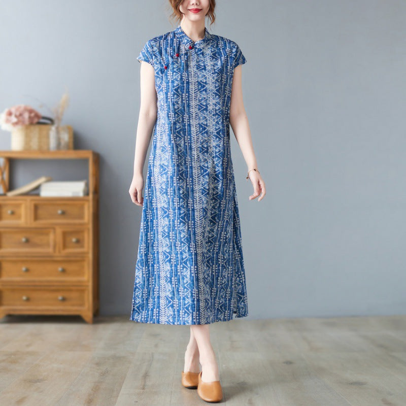 Real shot 2023 summer new retro disc buckle Chinese style improved cheongsam batik tea clothes short sleeve dress women