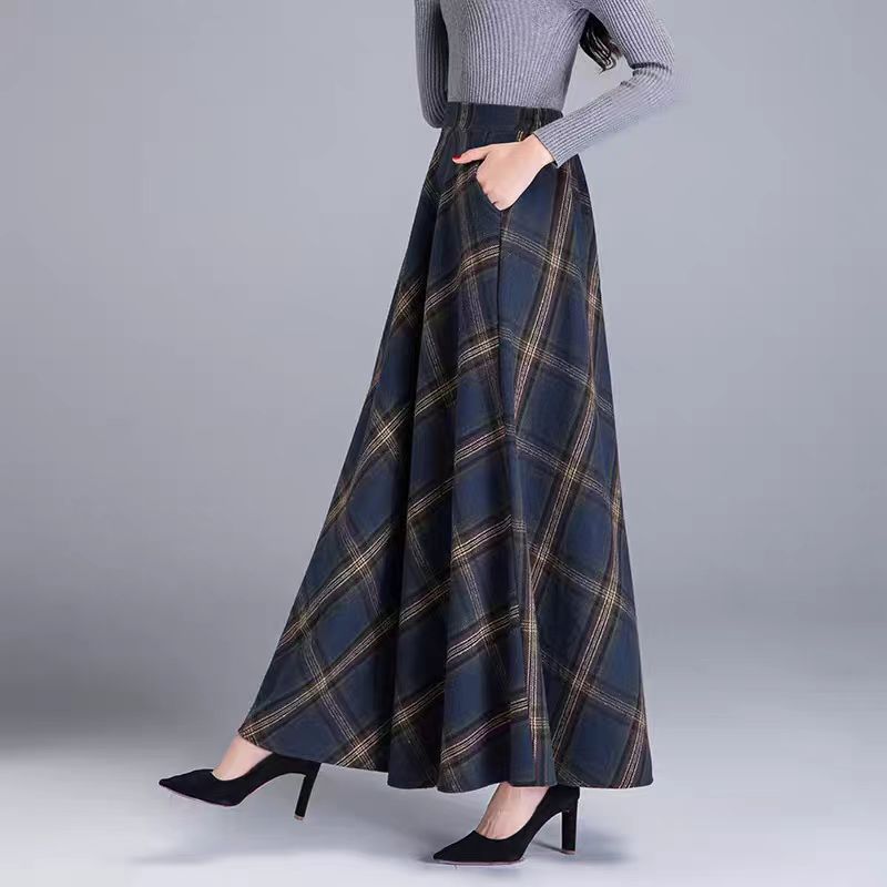 2025 autumn and winter women's new plaid woolen skirt women's high-waisted A-shaped long skirt big swing skirt umbrella skirt