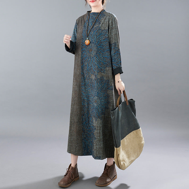 Real shot 2025 autumn new retro printing literary loose and thin bottom long-sleeved dress women's clothing