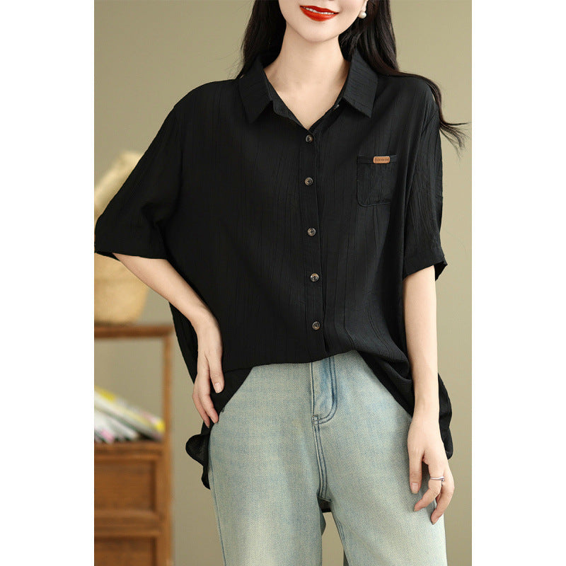 Real shot 2025 summer new literary loose solid color lapel short-sleeved shirt women's shirt top #5969