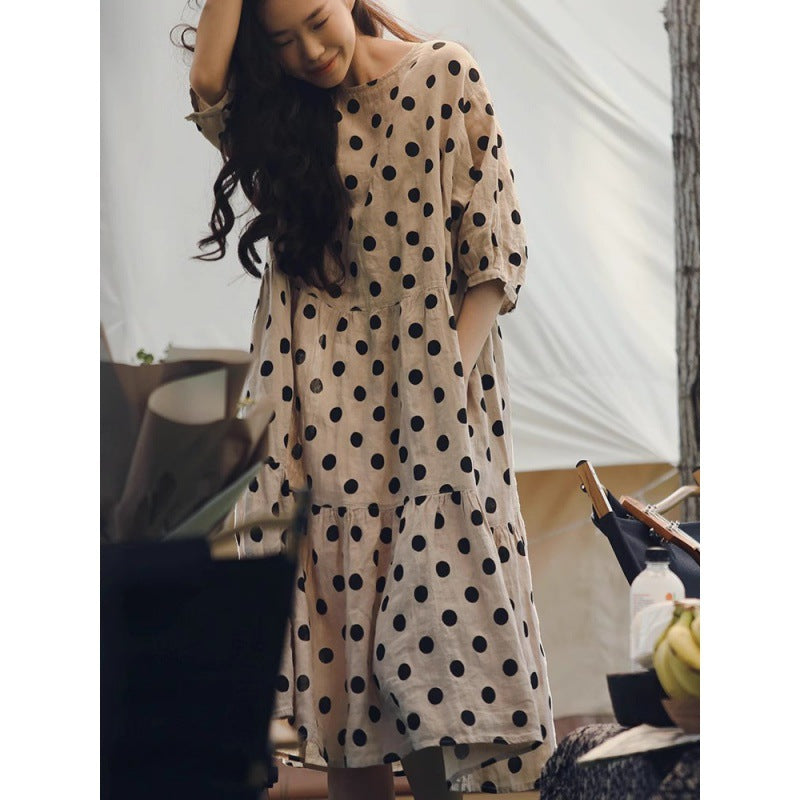 Summer 2024 new literary loose cotton and linen polka dot round neck five-quarter sleeve dress women's medium and long #9920 #