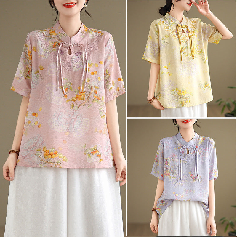 Real shot 2024 summer new national style literary and retro stand-up collar buckle tea clothes shirt top women
