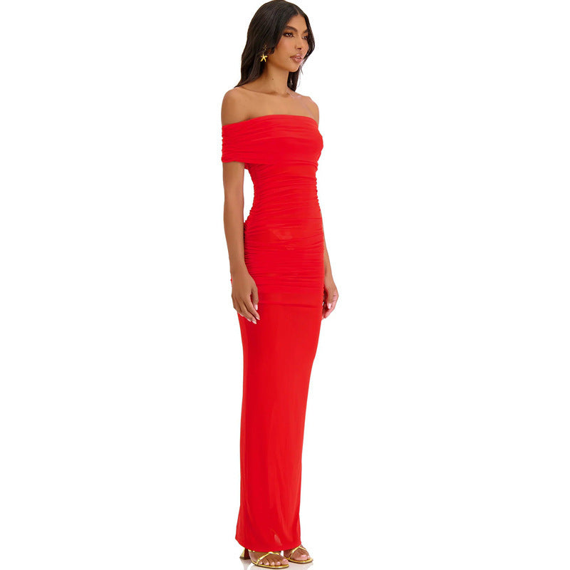 Fashion cross-border sexy solid color elegant party dress tube top one-word shoulder long dress high-end slim split dress