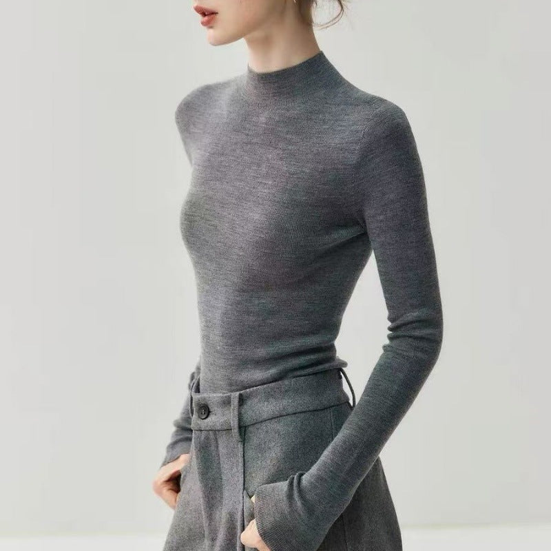 Machine washable! Grey Yangtze yarn worsted 100% wool bottoming shirt women's semi-turtleneck autumn and winter tight knit sweater