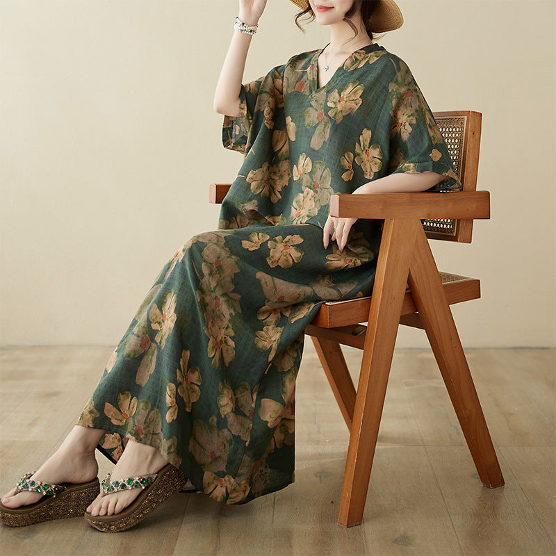 Real shot 2024 summer thin cotton and linen V-neck large size loose vacation wind beach dress retro medium and long dress women