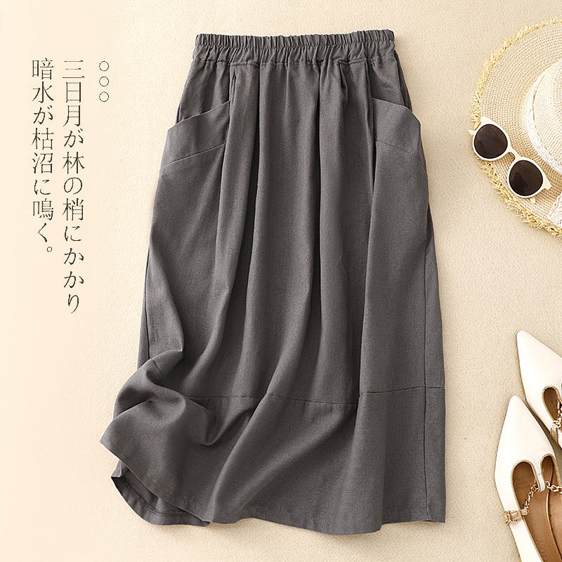 Real shot 2025 autumn new cotton and linen literary and retro skirt high waist loose and thin elastic waist skirt