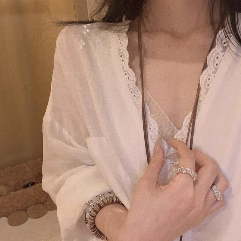Yukiss old money wind tencel linen white lace splicing shirt women's summer Korean loose thin sunscreen shirt