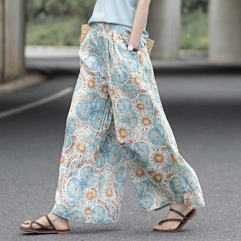2025 summer new literary and retro printing loose wide-leg pants nine-point casual culottes women #5332