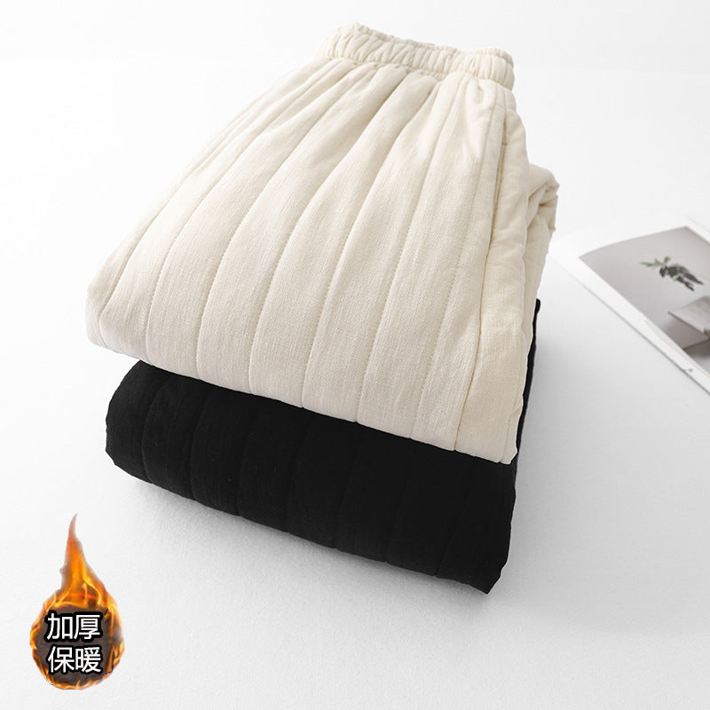 Thickened cotton-padded thermal trousers, new cotton and linen quilted vertical grid casual cotton-padded trousers for women's outer wear in autumn and winter of 2025