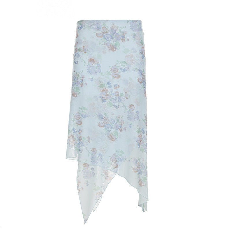 Love cloth forget to be careful, Spice Girl wind floral ruffle edge irregular long skirt, holiday wind light mesh skirt