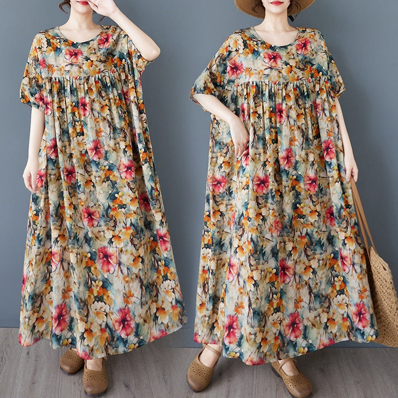 2025 Simple Bohemian Long Dress Summer New Fattened Plus Short Sleeve Crew Neck Printed Dress Women