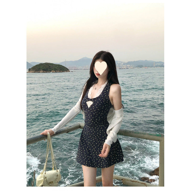 French pure desire wind sleeveless fake two-piece lace splicing floral dress children's design waist skirt summer