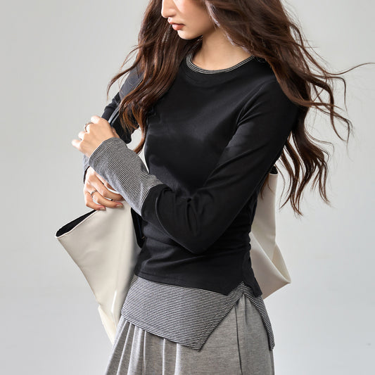 #40 combed pure cotton #design sense splicing striped fake two-piece long-sleeved t-shirt women's bottoming shirt autumn outerwear top