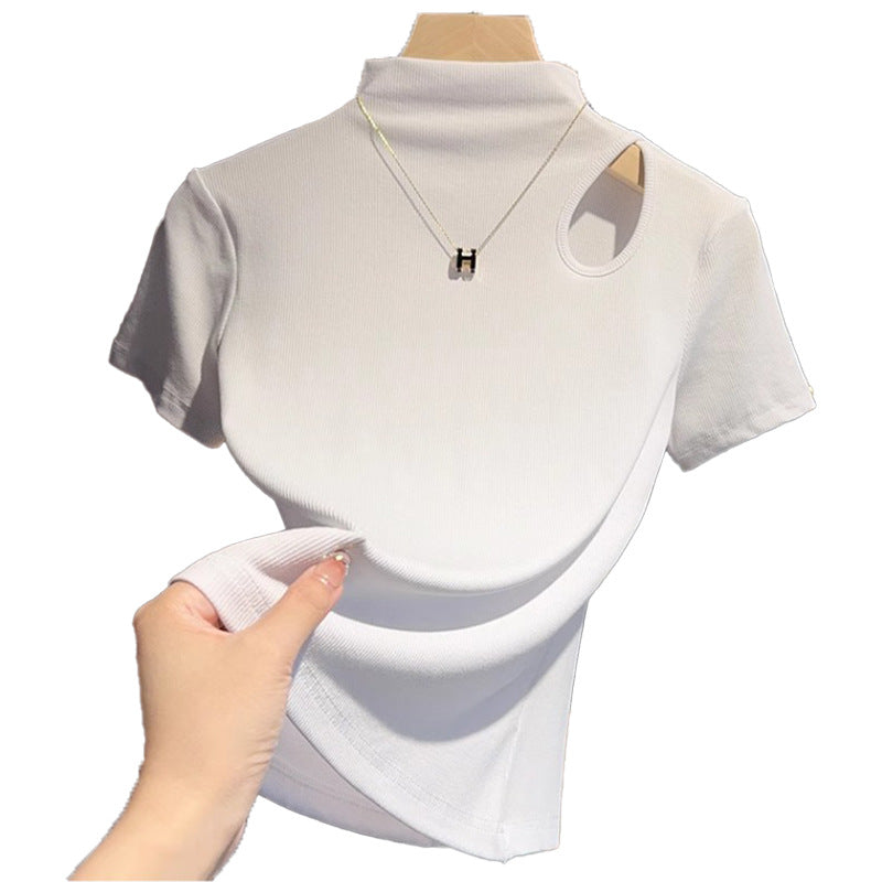 Dark gray hollowed-out semi-turtleneck five-quarter-sleeved t-shirt bottoming shirt women's spring and autumn Korean version versatile design medium-sleeved top