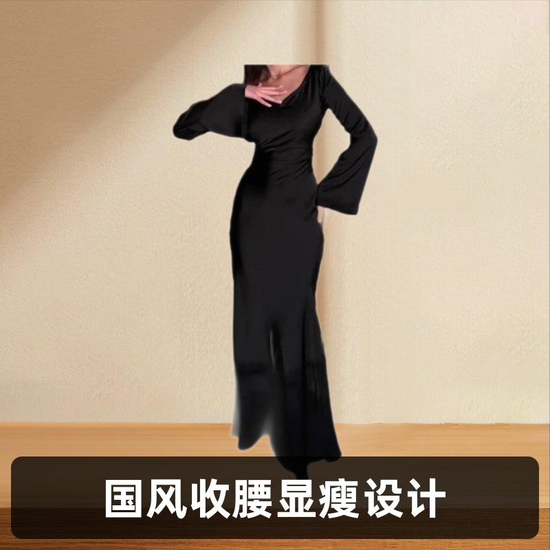 2025 autumn and winter cross-border women's clothing solid color round neck long-sleeved lace-up national style waist dress women's cross-border supply