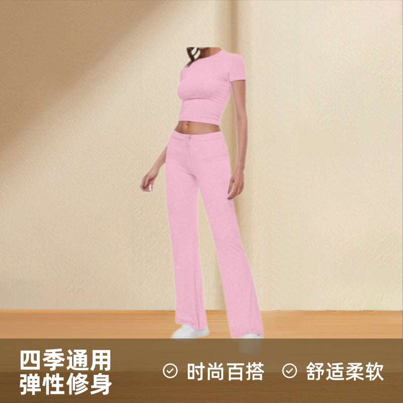 Cross-border 2025 American basic casual solid color T-shirt casual pants flanged waist short-sleeved Spice Girls sports suit