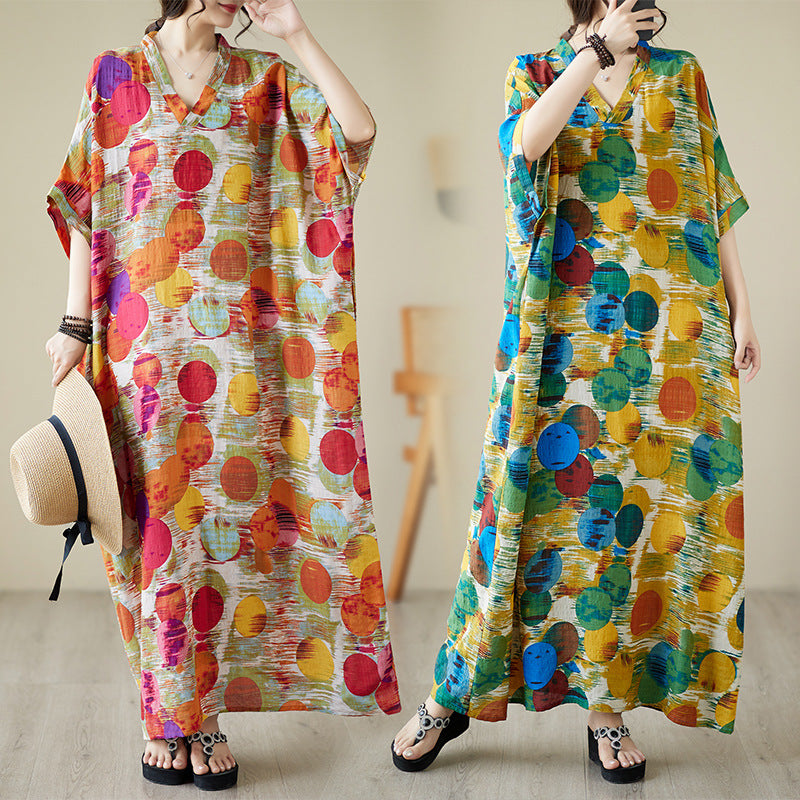 Real shot 2025 summer thin V-neck cotton and linen large size loose literary holiday wind beach dress long women