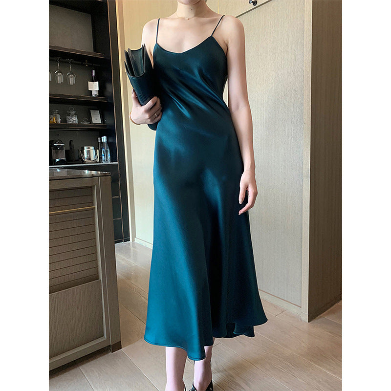 2025 spring and summer explosion acetic acid dress satin thin versatile Internet celebrity suspender skirt Douyin suit long dress