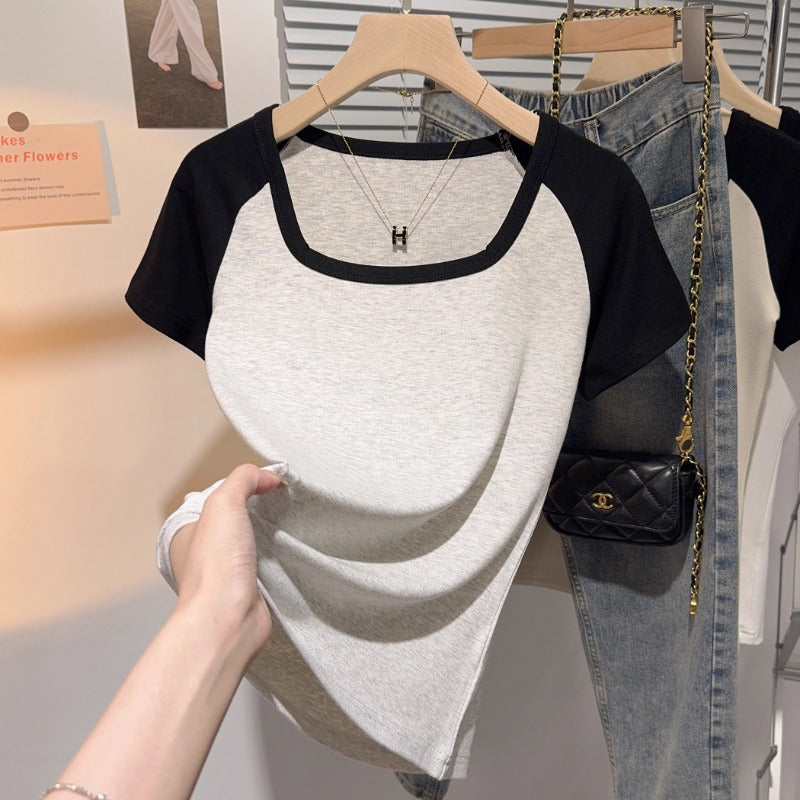 apricot square collar contrasting color versatile slim-fitting short-sleeved T-shirt women's summer new fashion thin tight top bottoming shirt