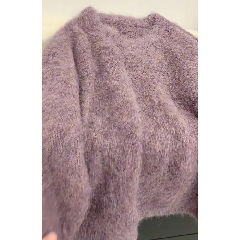 Purple mink velvet round neck pullover hairy sweater women's autumn and winter soft waxy thickened outer wear mink wool knitted sweater