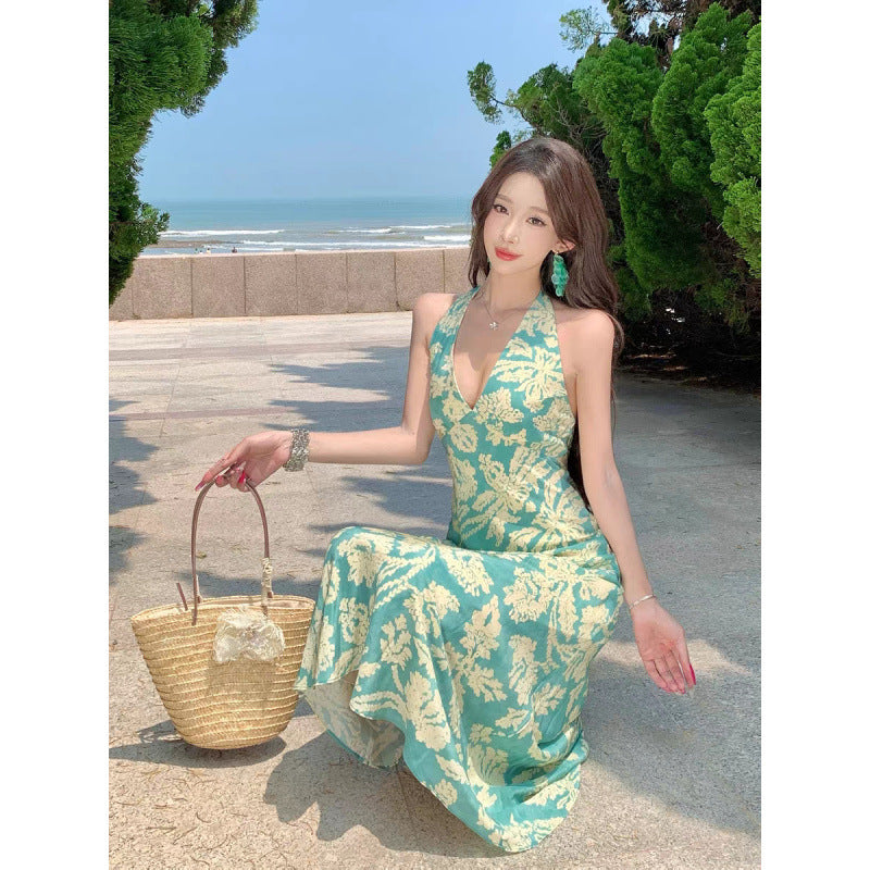 Peacock blue print sleeveless neck waist dress women's seaside beautiful beach wear sexy backless beach dress