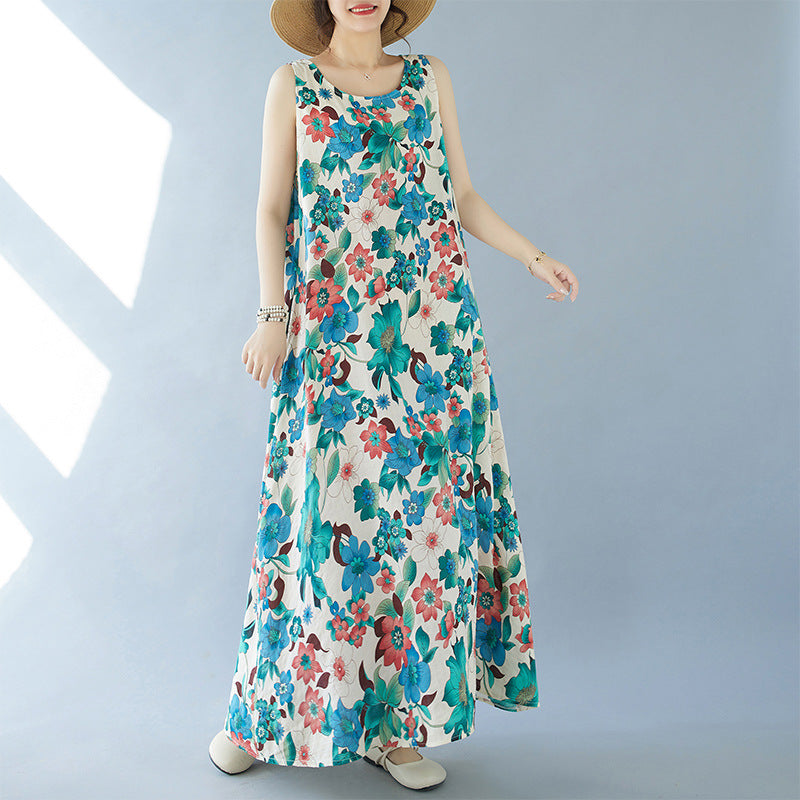 2024 real shot summer new bohemian fattened plus sleeveless crew neck printed medium and long dress women