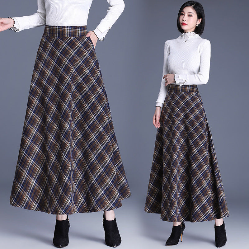 2025 medium and long woolen plaid skirt autumn and winter Korean version thin pleated skirt thickened woolen swinging A-shaped skirt