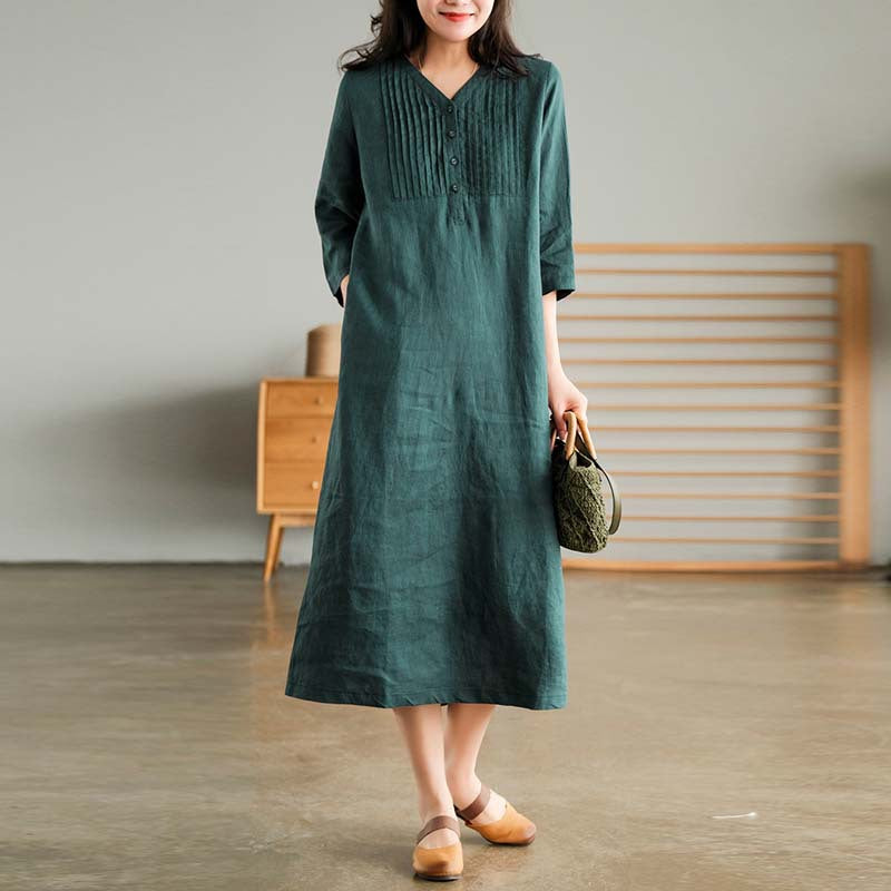 2024 summer new literary loose splicing solid color cotton and linen V-neck five-quarter sleeve dress women's medium and long 9880 #