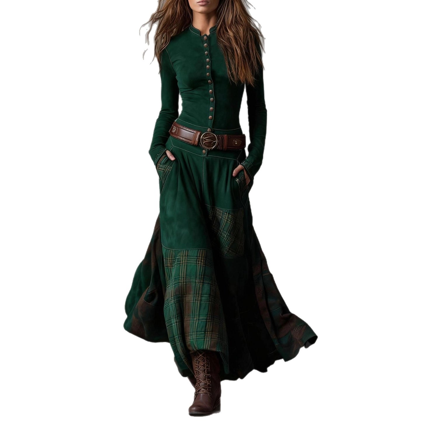 2025 Independent Station Foreign Trade Suede Plaid Collage Vintage Temperament Dress with Pocket Button Belt Belt