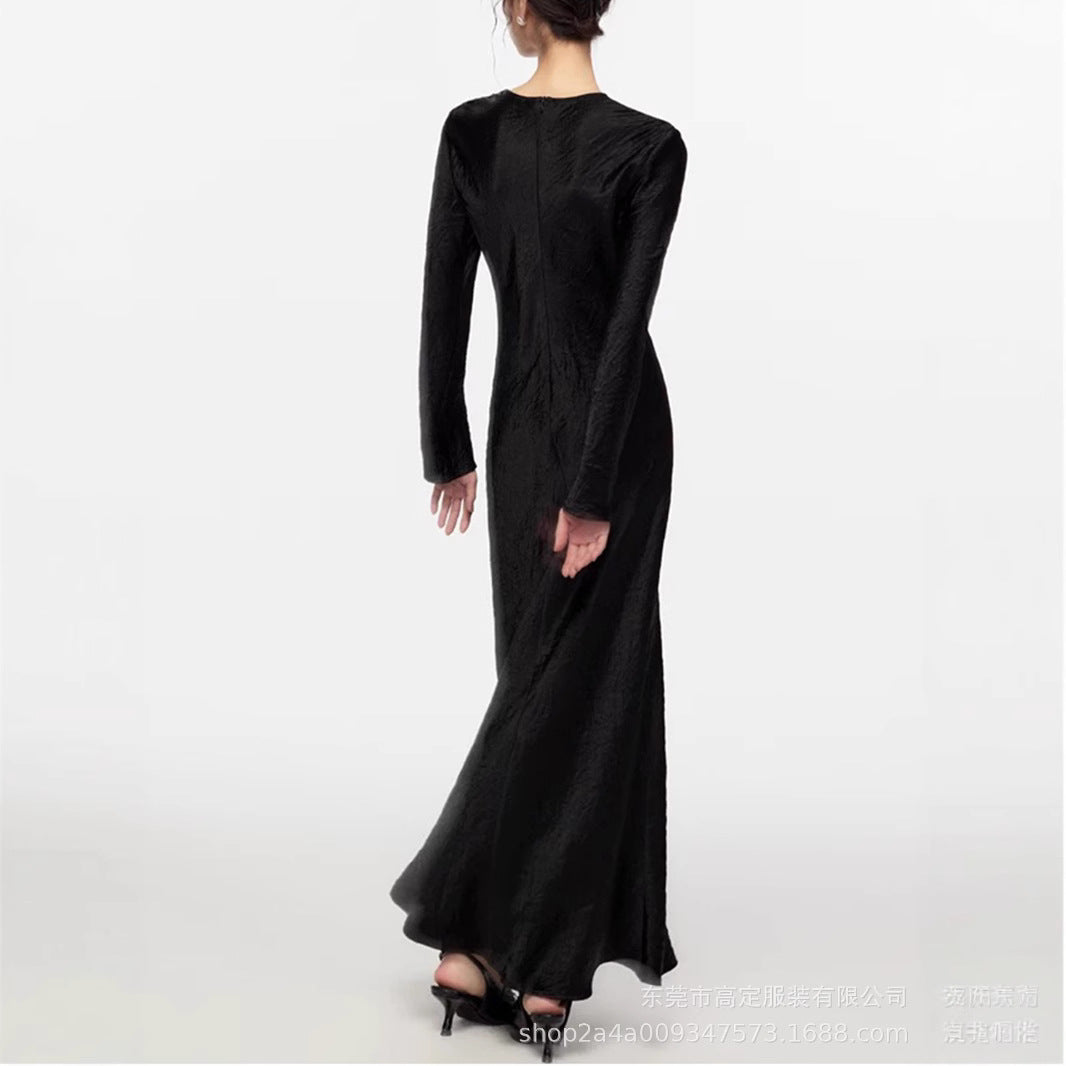 Haute couture 100% acetic acid, spring and autumn French elegance temperament fashionable pole extreme sense satin pleated long-sleeved dress women