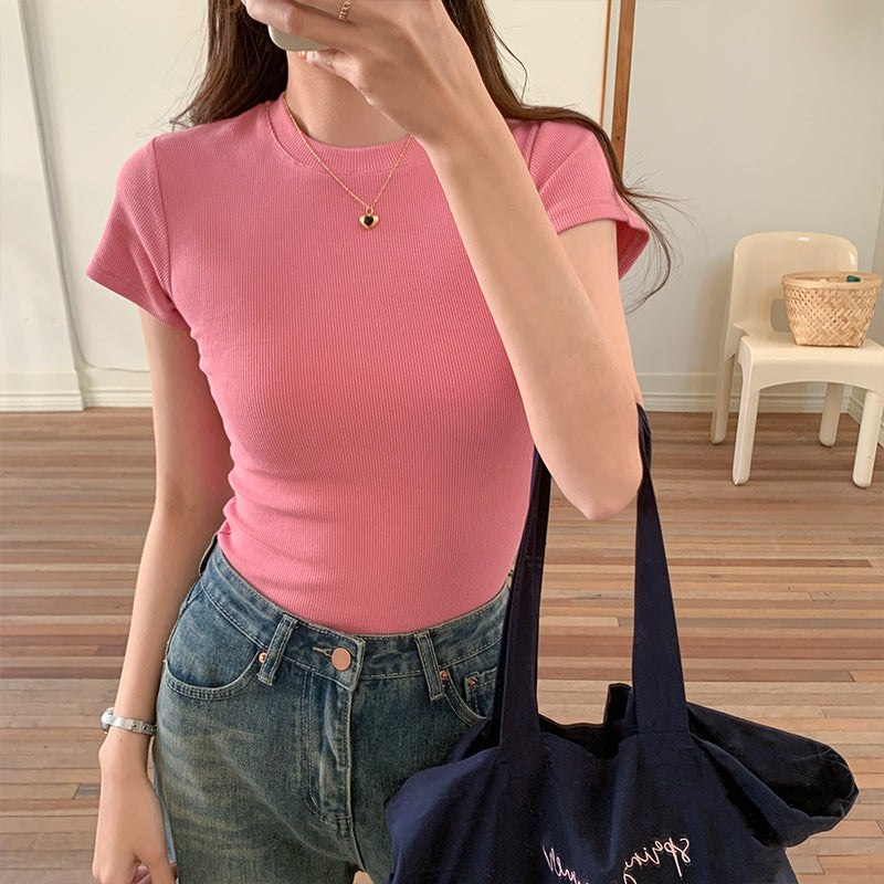 Selection of high-elastic fine thread 2026 new women's summer short-sleeved t-shirt round neck tight top, thin bottoming shirt