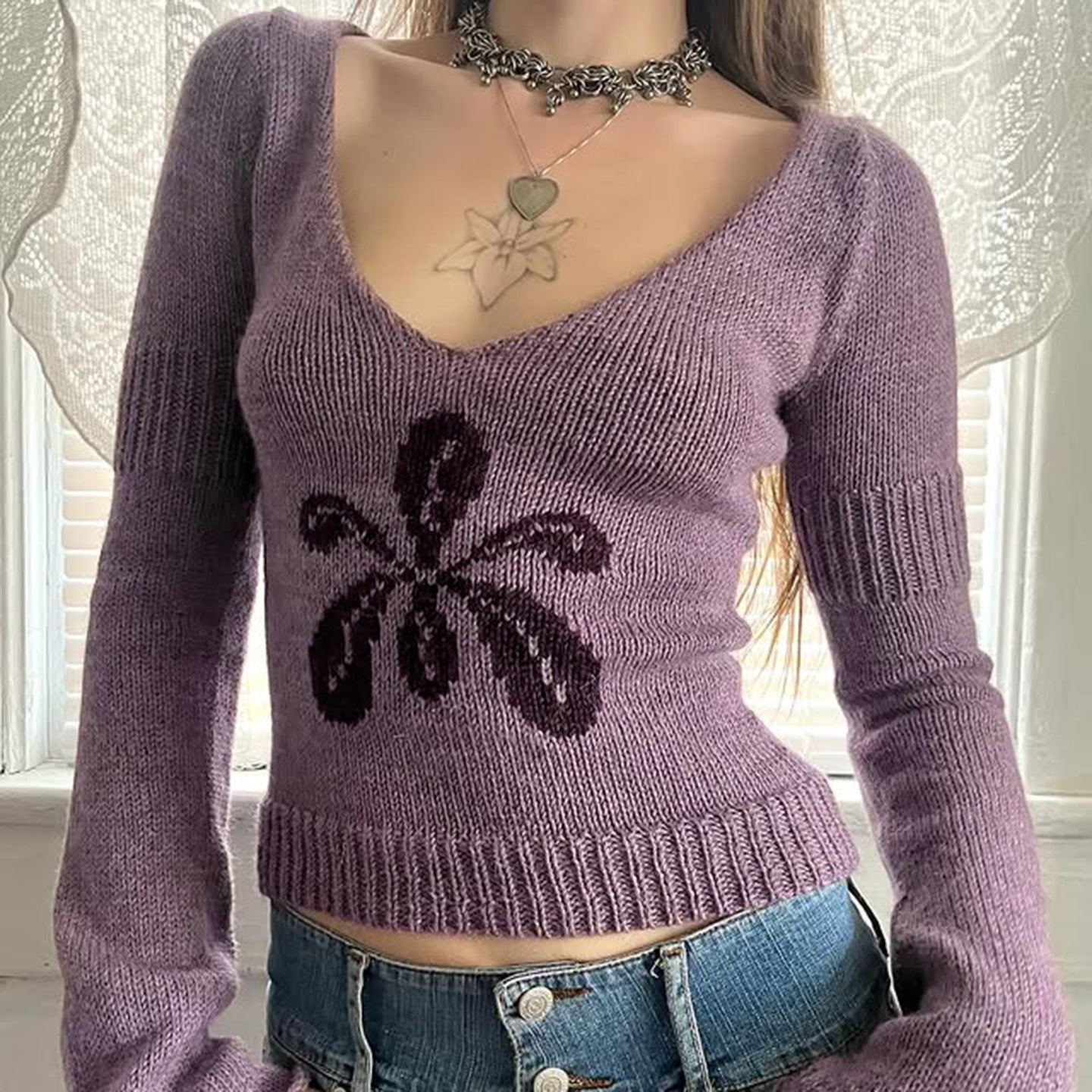 European and American foreign trade flower jacquard pattern V-neck sweater retro autumn fashion temperament casual version long-sleeved sweater