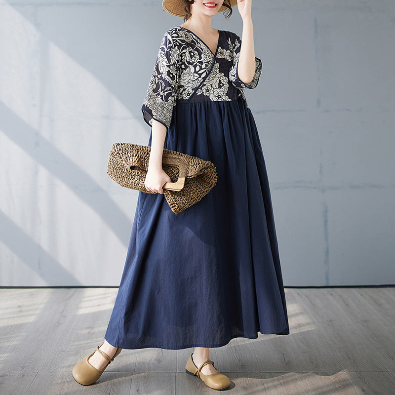 2025 cotton season new cotton and linen V-neck splicing retro style dress middle-aged and elderly mother dress large size dress