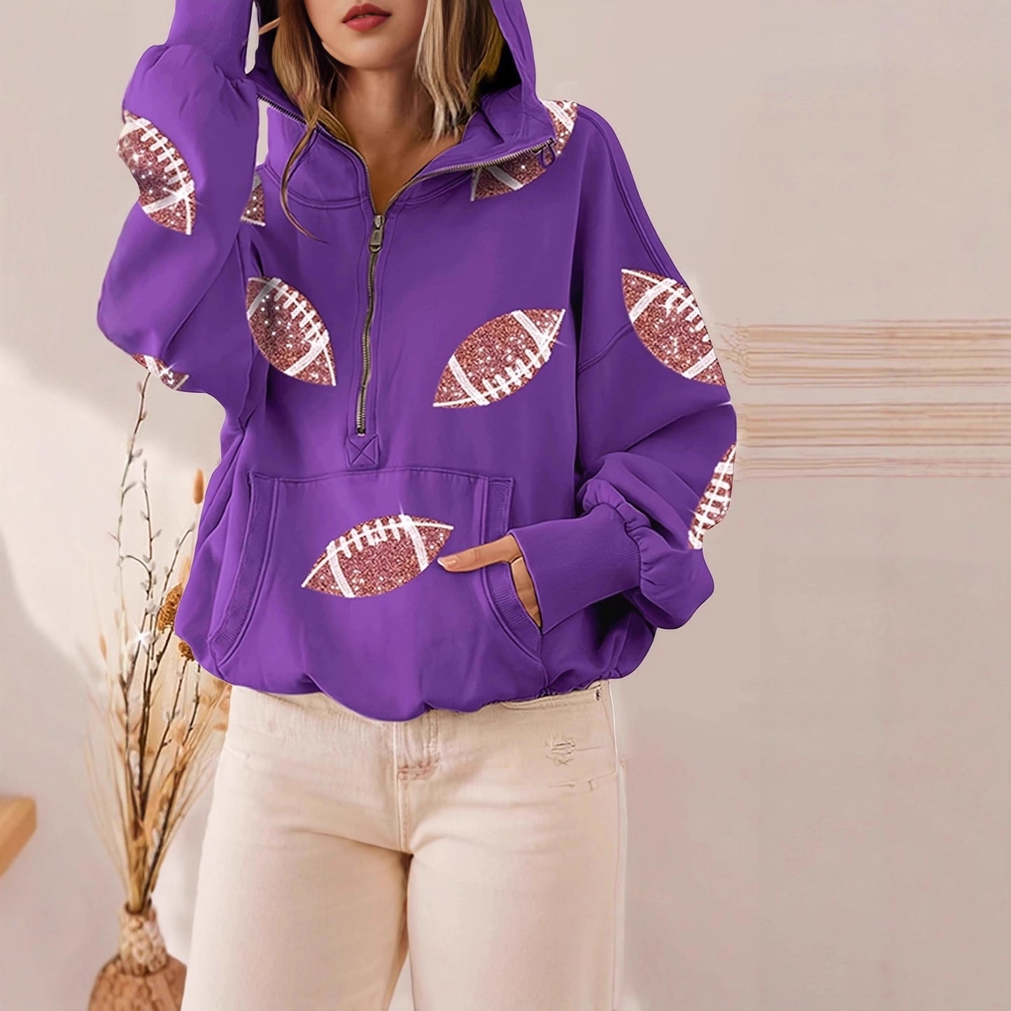 2025 Amazon Independent Station sequined splicing hooded sweater European and American women's clothing zipper drawstring long-sleeved top spot