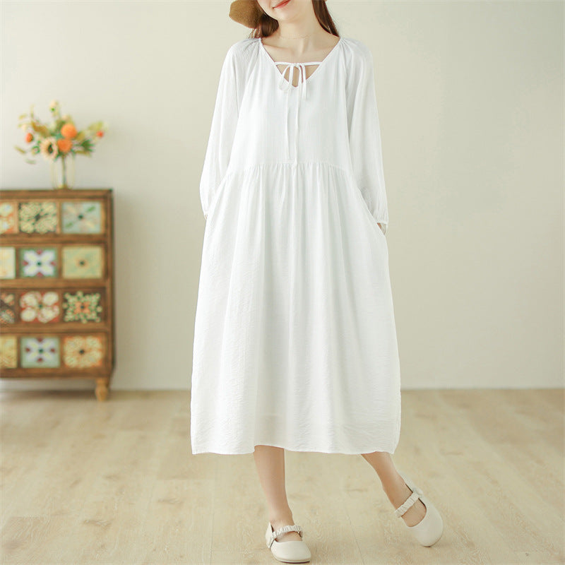 Real shot 2025 spring and summer new Chinese cotton and linen fat mm loose and thin casual lazy style medium and long dress women