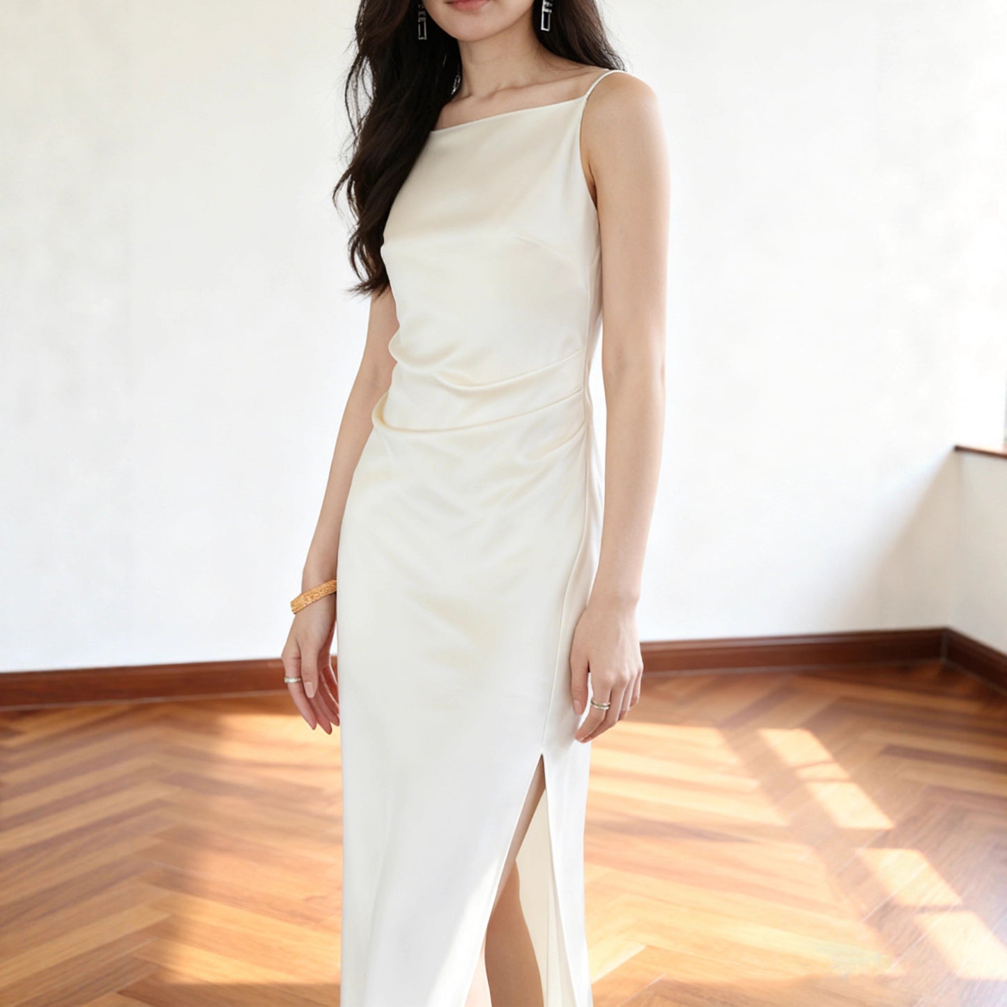 Haute couture imported acetic acid satin one-word collar suspender skirt, high-end, waist slit light luxury high-end hip-wrapped dress